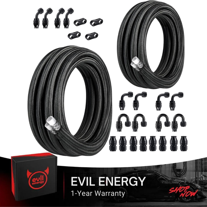 EVIL ENERGY 6AN 8AN 10AN PTFE Fuel Line Kit, AN6 AN8 AN10 Nylon Braided Fuel Line Hose Fitting Kit PTFE 20FT(2 Kits) - EVILENERGY