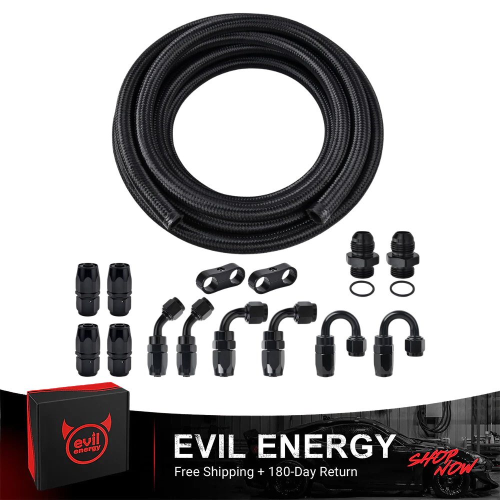 Evil Energy fuel line replacement kit featuring a black braided hose roll alongside straight, 45, 90, and 180 degree AN fitting connections.