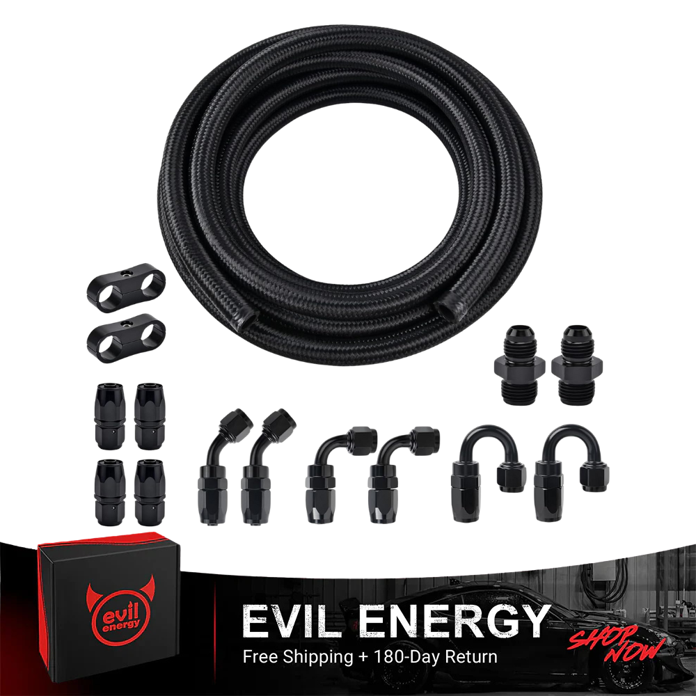 Evil Energy fuel line kit components layout with a roll of black braided hose, straight, 45 degree, 90 degree, and 180 degree black AN swivel fittings, adapters, hose separators, and a branded packaging box.