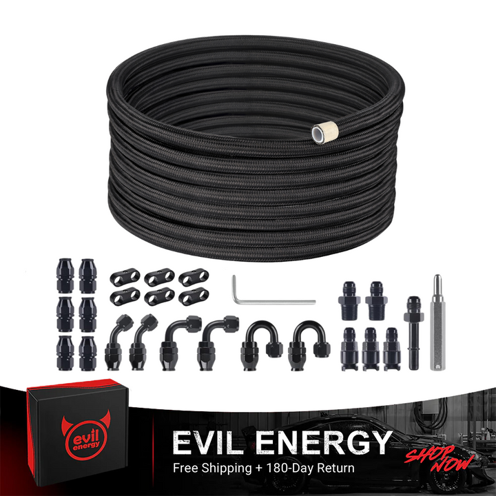 [20FT] EVIL ENERGY PTFE Fuel Hose Kit, complete black braided hose & fittings set