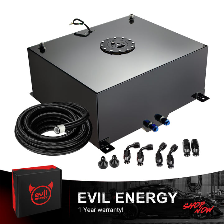 [20 Gallon,Black,12FT] The black color variant of the EVIL ENERGY Aluminum Fuel Cell Gas Tank, bundled with a complete 6AN PTFE Fuel Line Kit and AN fittings.