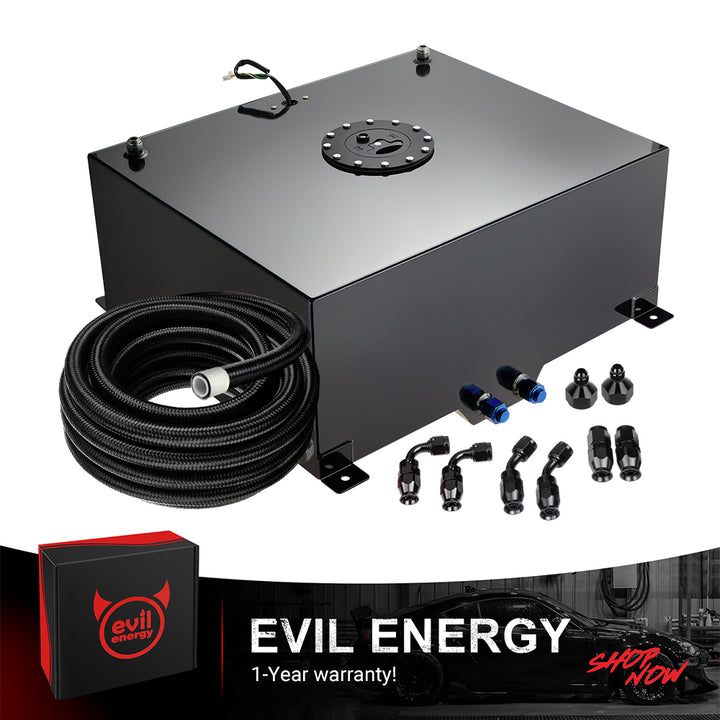 [20 Gallon,Black,16FT] The black color variant of the EVIL ENERGY Aluminum Fuel Cell Gas Tank, bundled with a complete 6AN PTFE Fuel Line Kit and AN fittings.