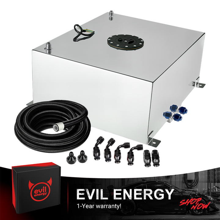 [20 Gallon,Silver,12FT] A silver EVIL ENERGY Aluminum Fuel Cell Gas Tank, shown as a complete kit with the included 6AN PTFE Fuel Line, AN fittings, and level sender.