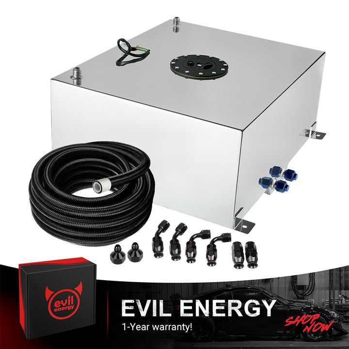 [20 Gallon,Silver,16FT] A silver EVIL ENERGY Aluminum Fuel Cell Gas Tank, shown as a complete kit with the included 6AN PTFE Fuel Line, AN fittings, and level sender.