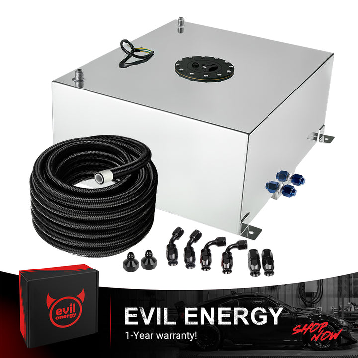 [20 Gallon,Silver,20FT] A silver EVIL ENERGY Aluminum Fuel Cell Gas Tank, shown as a complete kit with the included 6AN PTFE Fuel Line, AN fittings, and level sender.