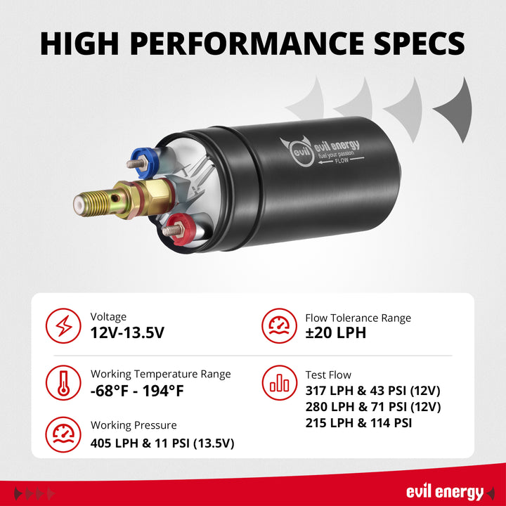 EVIL ENERGY 12V Electric Fuel Pump for EFI performance specs: 12V–13.5V, −68°F to 194°F, ±20 LPH tolerance, test flows 317/280/215 LPH.
