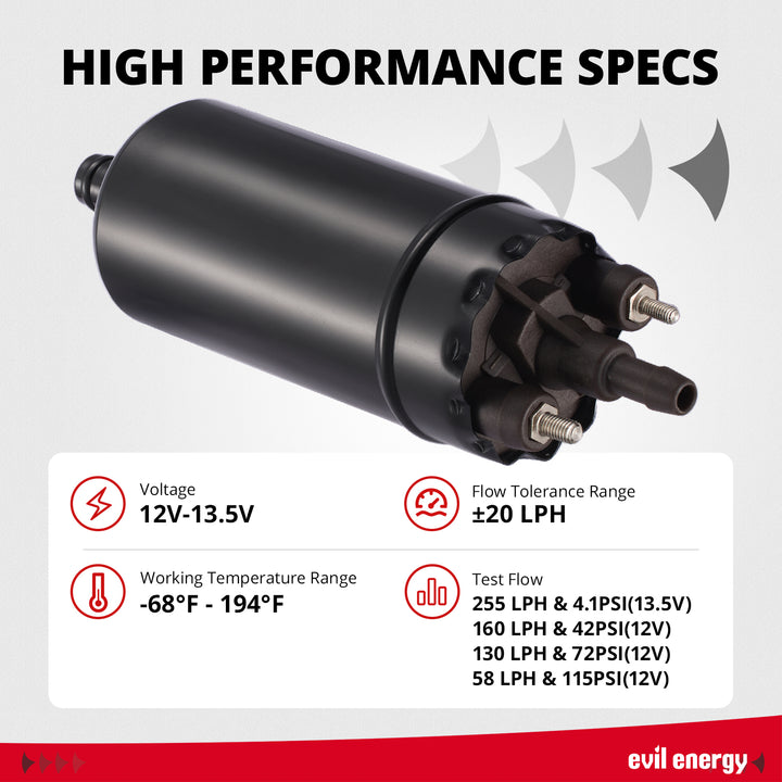 [Black] EVIL ENERGY 12V Electric Fuel Pump for EFI 225 LPH - Black Pump High Performance Specs