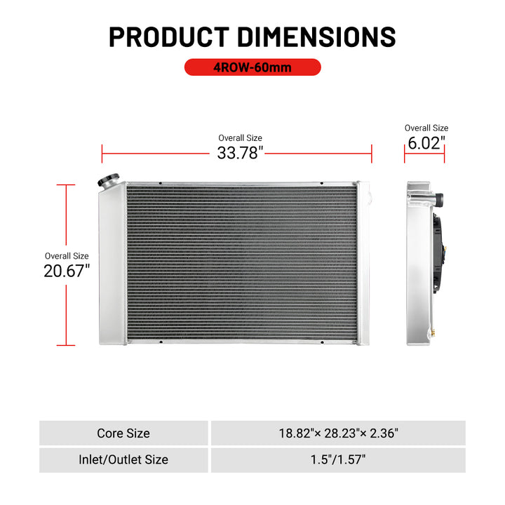 EVIL ENERGY 4-row 60mm aluminium LS swap radiator with 33.78 x 20.67 x 6.02 inch overall size and 18.82 x 28.23 x 2.36 inch core dimensions, ideal for performance cooling
