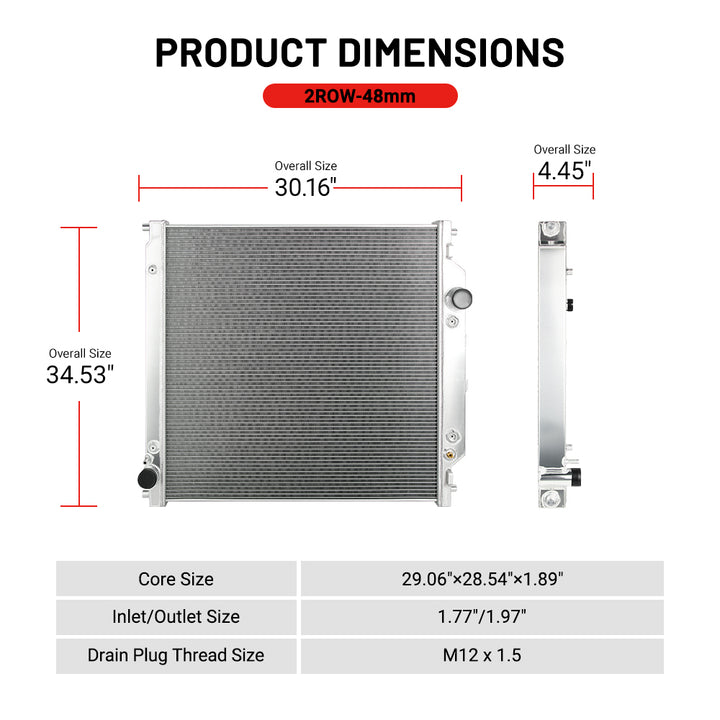 EVIL ENERGY 2-Row Aluminum Radiator Dimensions – 2ROW-48mm, Core Size 29.06-inchx28.54-inchx1.89-inch, Inlet/Outlet 1.77-inch/1.97-inch