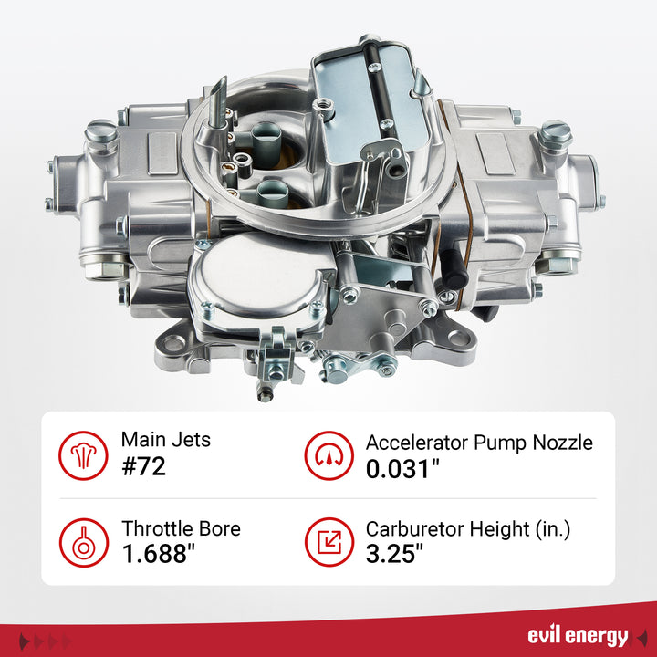 EVIL ENERGY 750 CFM 4 - Barrel Carburetor specs: Main Jets #72, Throttle Bore 1.688-inch, Accelerator Pump Nozzle 0.031-inch