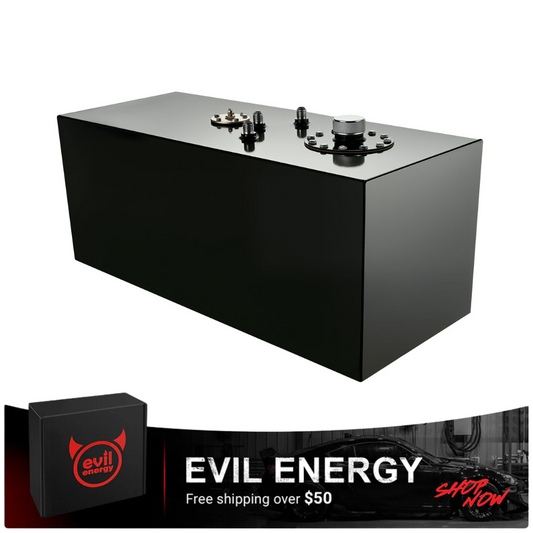 [Black] Evil Energy fuel cell 15-gallon black aluminum rectangular tank for fuel or diesel, with screw-on cap and dual outlets.