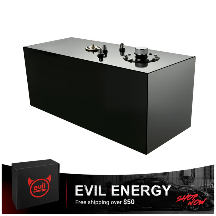 [Black] Evil Energy fuel cell 15-gallon black aluminum rectangular tank for fuel or diesel, with screw-on cap and dual outlets.