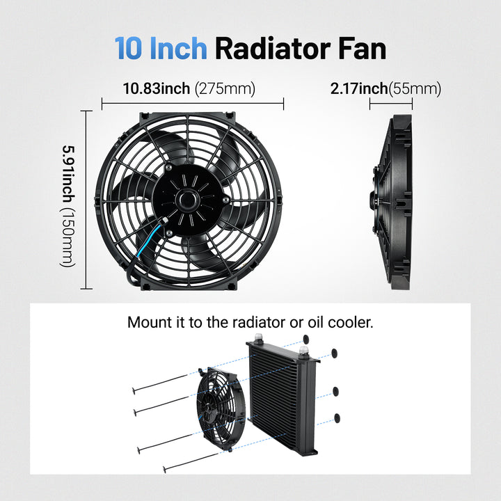 [10 IN] 10 inch electric radiator cooling fan size and installation diagram – compact electric fan for radiator or oil cooler with 2.17 inch thickness for tight automotive engine bays