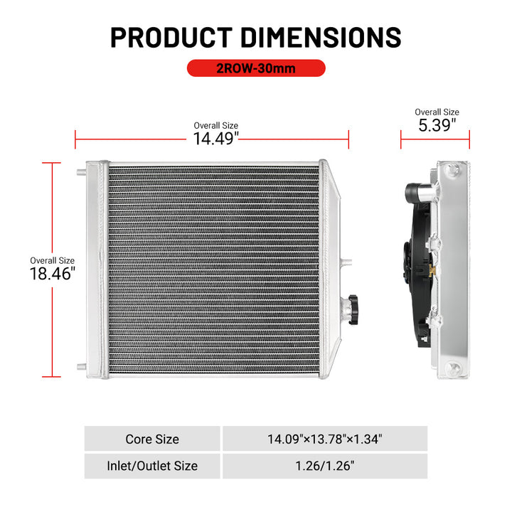 EVIL ENERGY 2-Row Aluminum Radiator Dimensions – 2ROW-30mm, overall size 14.49-inchx18.46-inchx5.39-inch, core size 14.09-inchx13.78-inchx1.34-inch
