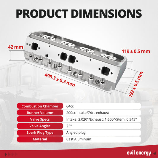 EVIL ENERGY SBC Cylinder Head - Product Dimensions & Specs (Combustion Chamber, Runner Volume, etc.)