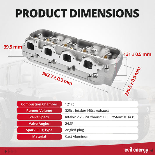 EVIL ENERGY BBC Cylinder Head - Product Dimensions & Specs (Combustion Chamber, Runner Volume, etc.)