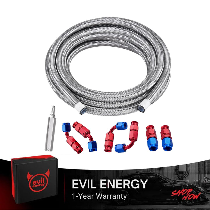 EVIL ENERGY 3AN PTFE Fuel Line Kit 10FT,  E85 Stainless Steel Braided 7PCS - EVILENERGY