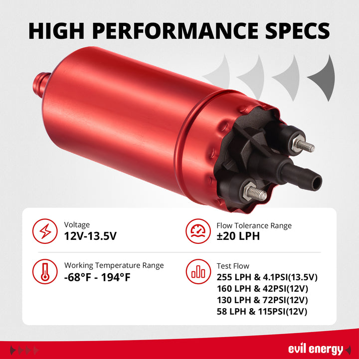 [Red] EVIL ENERGY 12V Electric Fuel Pump for EFI 225 LPH - High Performance Specs