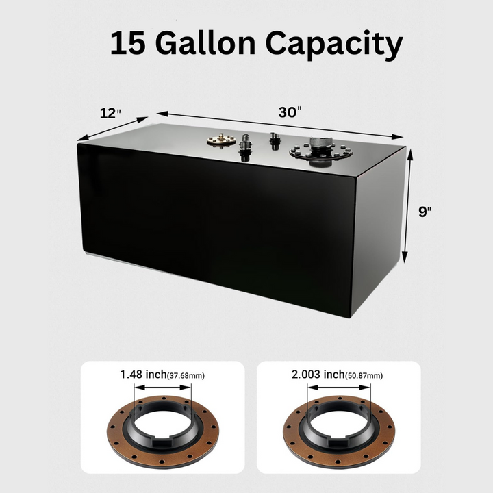 [Black,15 Gallon] Evil Energy fuel cell 15-gallon black aluminum tank showing dimensions 30 x 12 x 9 inches with flange measurements.