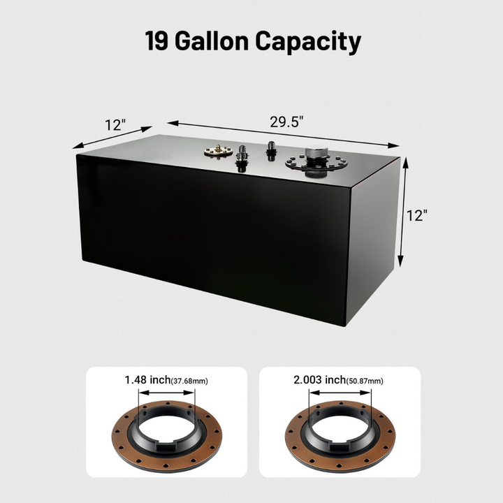 [Black,19 Gallon] Evil Energy fuel cell 19-gallon black aluminum tank showing dimensions 29.5 x 12 x 12 inches with flange measurements.