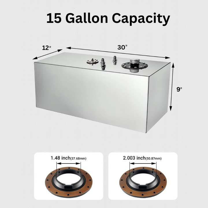 [Silver,15 Gallon] Evil Energy fuel cell 15-gallon aluminum tank showing dimensions 30 x 12 x 9 inches with flange measurements.