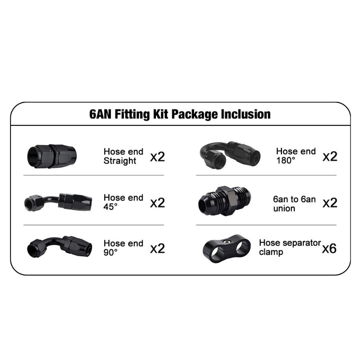 EVIL ENERGY 6AN Fitting Kit package includes straight fittings, 45°, 90°, 180° hose ends, AN union adapters, and hose separator clamps, ideal for automotive fuel line upgrades