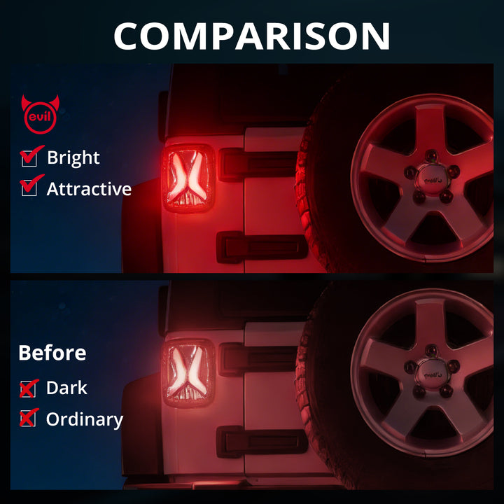 EVIL ENERGY Fit For 1997-2006 Jeep Wrangler CJ YJ TJ Trucks LED Tail Lights Assembly, New Upgrade DOT Smoke X Shape, Brake Turn Signal LED Rear License Plate Lights with Side Markers - EVILENERGY