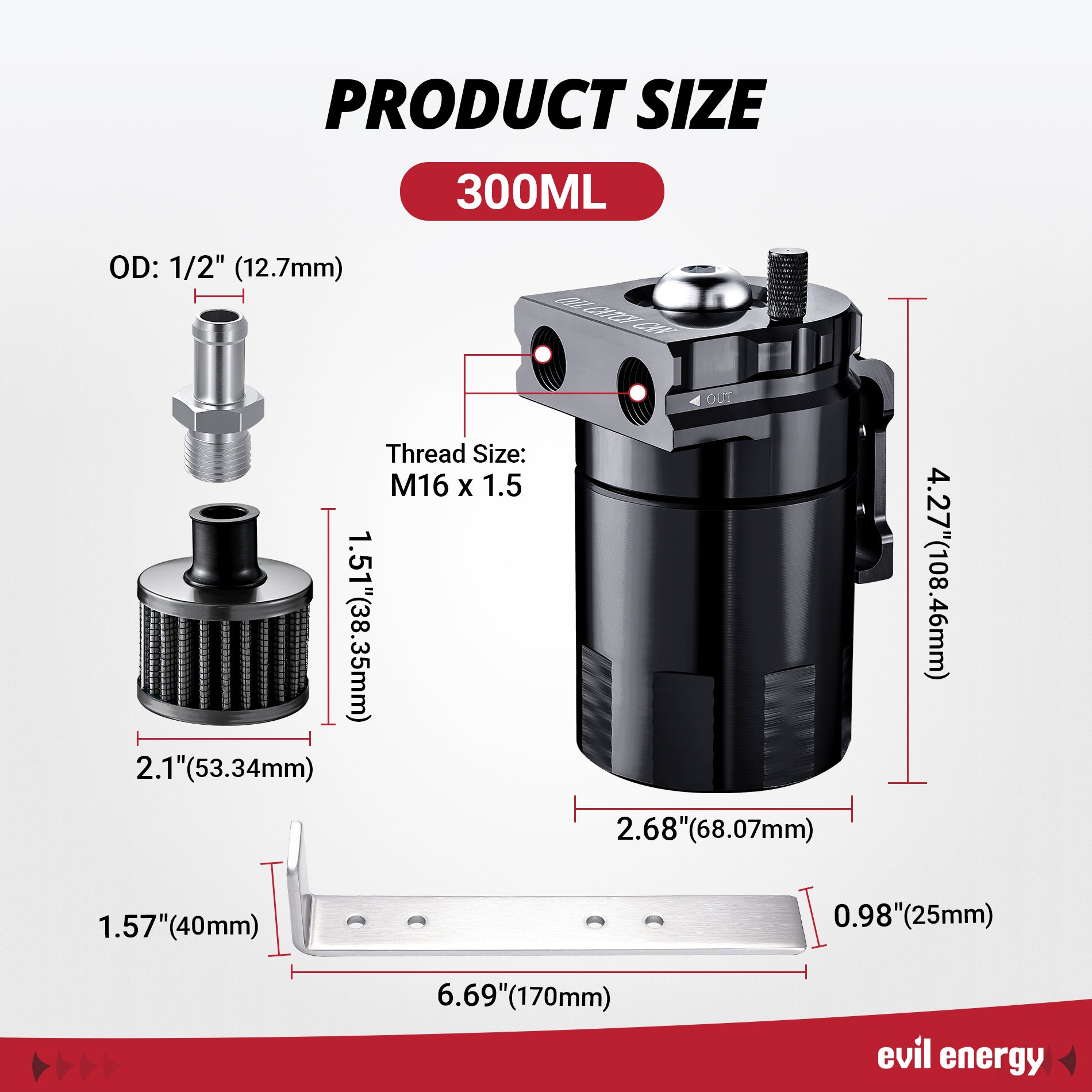 EVIL ENERGY 300 ML AN10 PCV Oil Catch Can Kit |Drain Valve Kit with 5FT 6AN/8AN/10AN CPE Fuel Line & Fitting