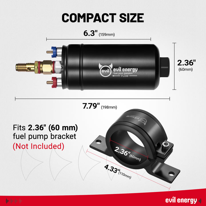 EVIL ENERGY 12V Electric Fuel Pump for EFI compact size diagram – 6.3-inch length, 2.36-inch diameter, fits 60 mm bracket.