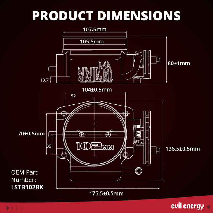 EVIL ENERGY 102MM Mechanical Throttle Body for Chevy LS Engines - Product Dimensions & OEM Part Number