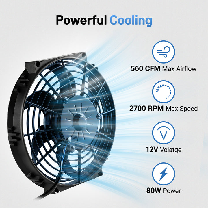 [10 IN] High-performance electric radiator cooling fan for cars with 560 CFM airflow, 2700 RPM speed, 12V voltage, and 80W power – electric fan automotive cooling solution