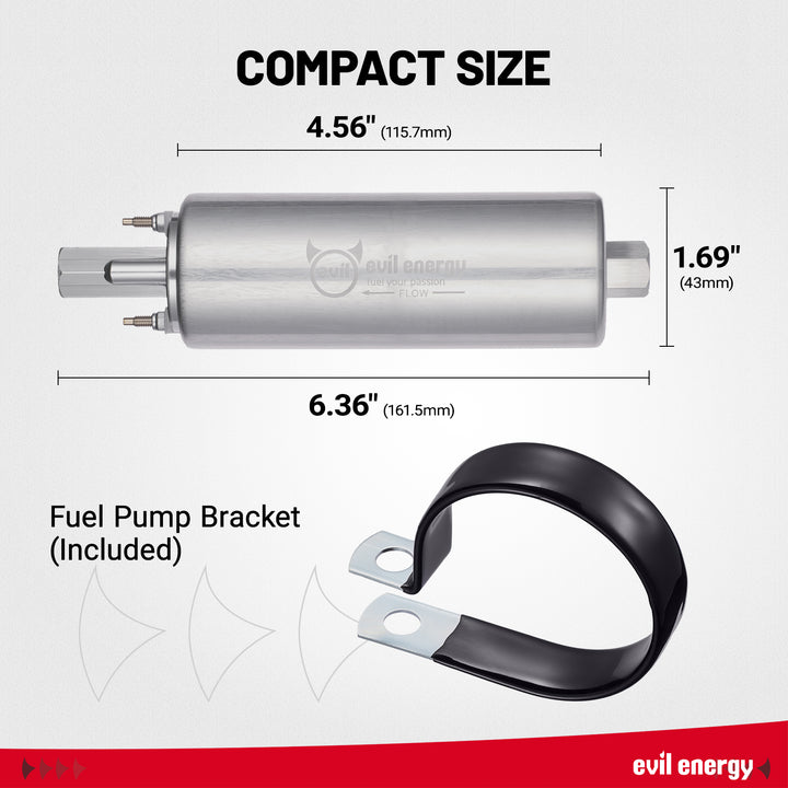 [Silver] Diagram showing the compact dimensions of the silver EVIL ENERGY 290 LPH fuel pump, measuring 6.36 inches in length and 1.69 inches in diameter, with included bracket.