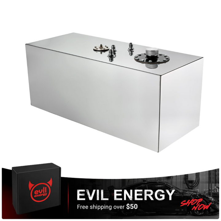 [Silver] Evil Energy fuel cell 15-gallon silver aluminum rectangular tank for fuel or diesel, with screw-on cap and dual outlets.