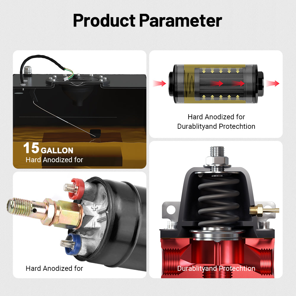 EVIL ENERGY Fuel Cell Kit components including 15-gallon hard-anodized fuel tank, anodized inline fuel filter, pressure regulator, and fuel pump connector, designed for durability and protection.