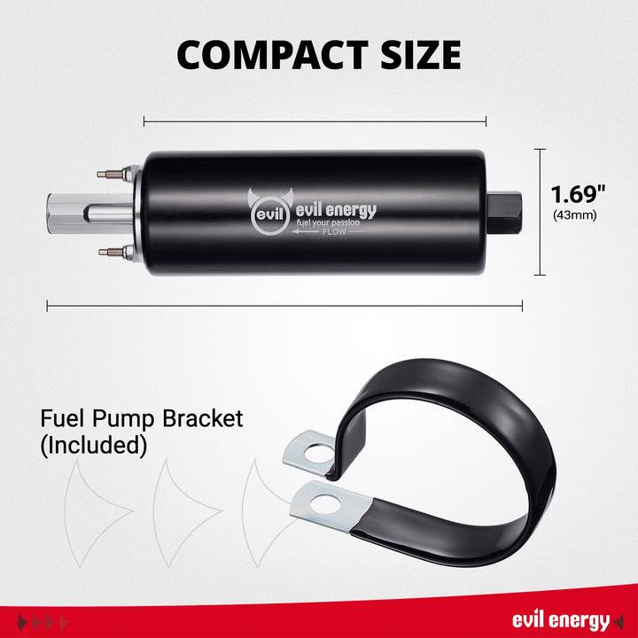 [Black] Diagram showing the compact size and dimensions of the EVIL ENERGY 290 LPH fuel pump, which is 1.69 inches in diameter, with included mounting bracket.
