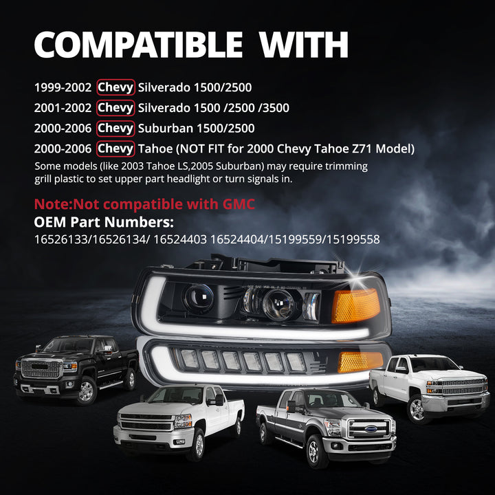 EVIL ENERGY LED Headlights Assembly Headlamps Replacement Compatible with 1999-2002 Chevy Silverado 2000-2006 Chevy Suburban Tahoe DRL Turn Signal Hi/Low Beam with Bulbs (NOT FIT for GMC) - EVILENERGY
