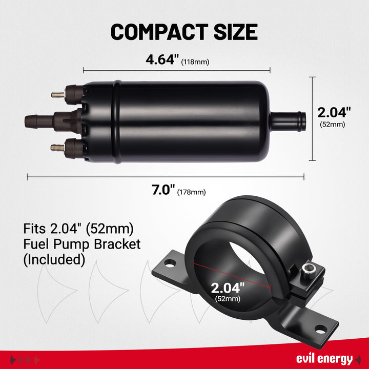 [Black] EVIL ENERGY 12V Electric Fuel Pump for EFI 225 LPH - Black Pump Compact Size Dimensions