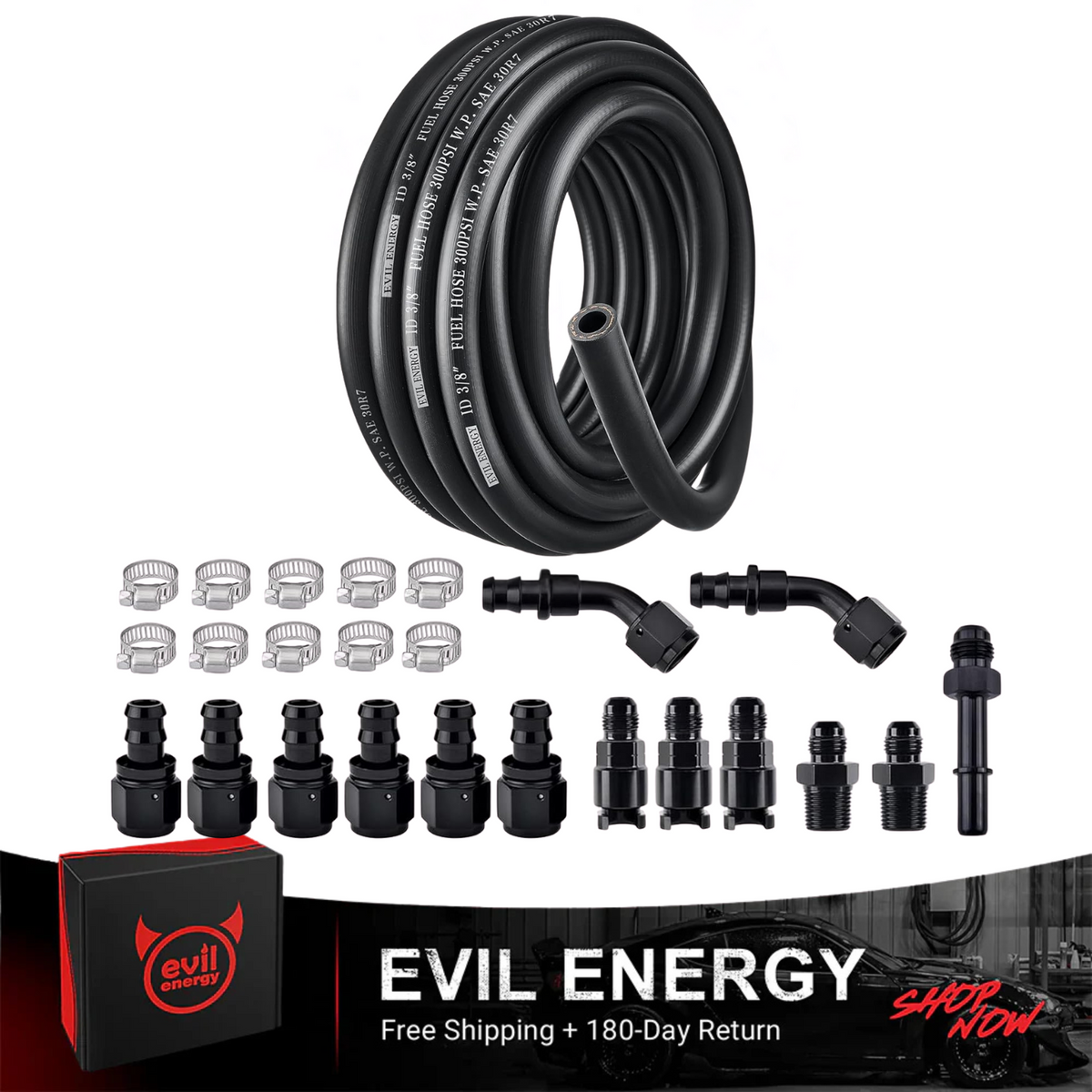 EVIL ENERGY 3/8" Fuel Line Kit 25FT SAE 30R7 NBR Push Lock Hose with Fittings & Clamps