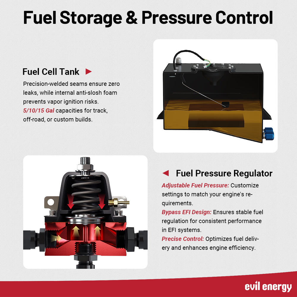 EVIL ENERGY fuel cell tank with anti-slosh foam and 5/10/15 gallon capacity, paired with adjustable fuel pressure regulator for EFI systems and optimized fuel delivery.