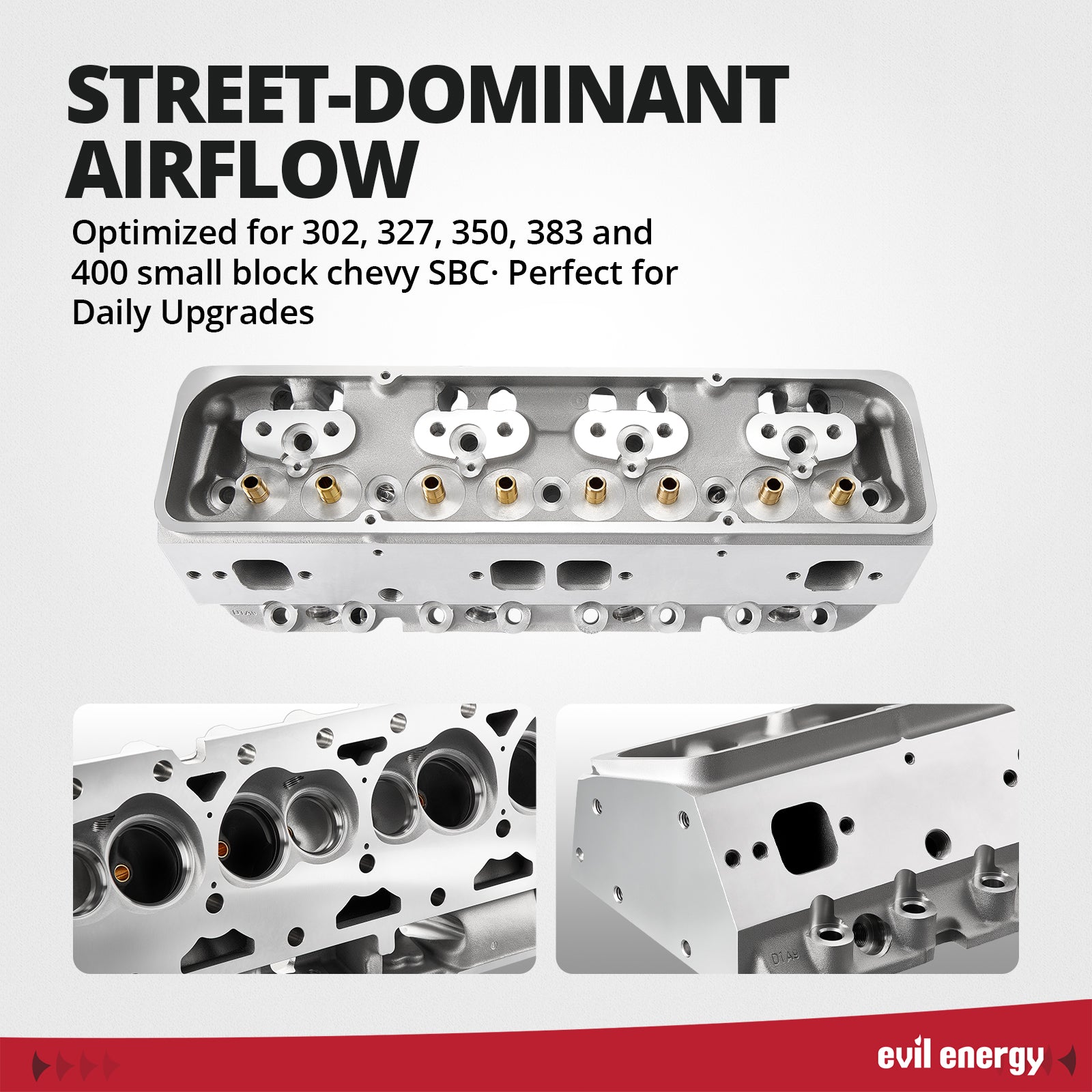 EVIL ENERGY SBC Cylinder Head - Street - Dominant Airflow, Optimized for 302 - 400 Small Block Chevy SBC
