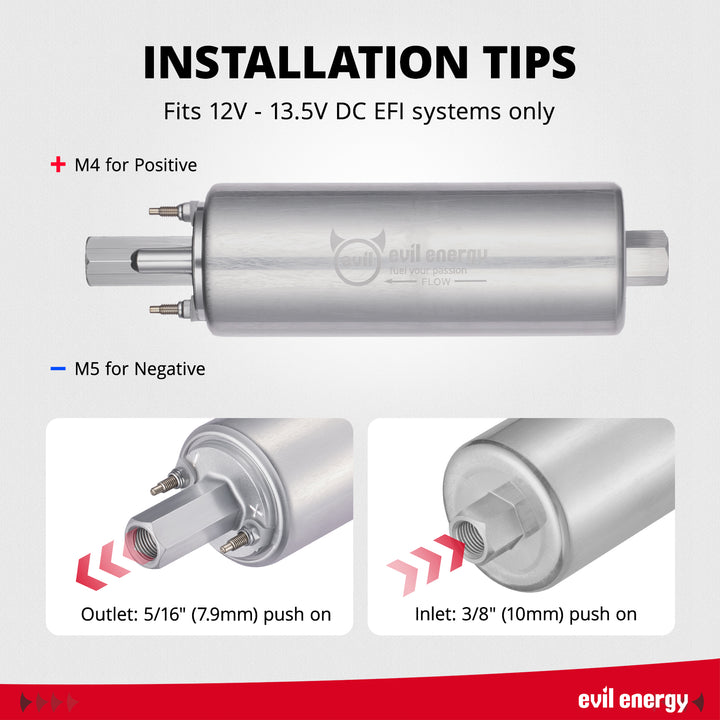 [Silver] Installation tips for the EVIL ENERGY EFI fuel pump, showing M4 positive and M5 negative terminals, 5/16-inch outlet, and 3/8-inch inlet.