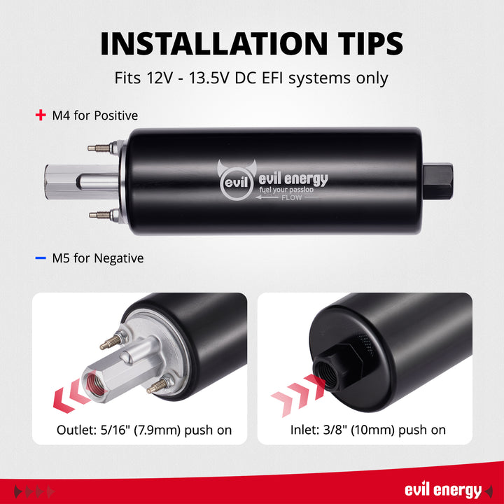 [Black] Wiring and fitting guide for the black EVIL ENERGY 290 LPH pump, identifying the M4/M5 electrical posts and the 3/8-inch inlet and 5/16-inch outlet.