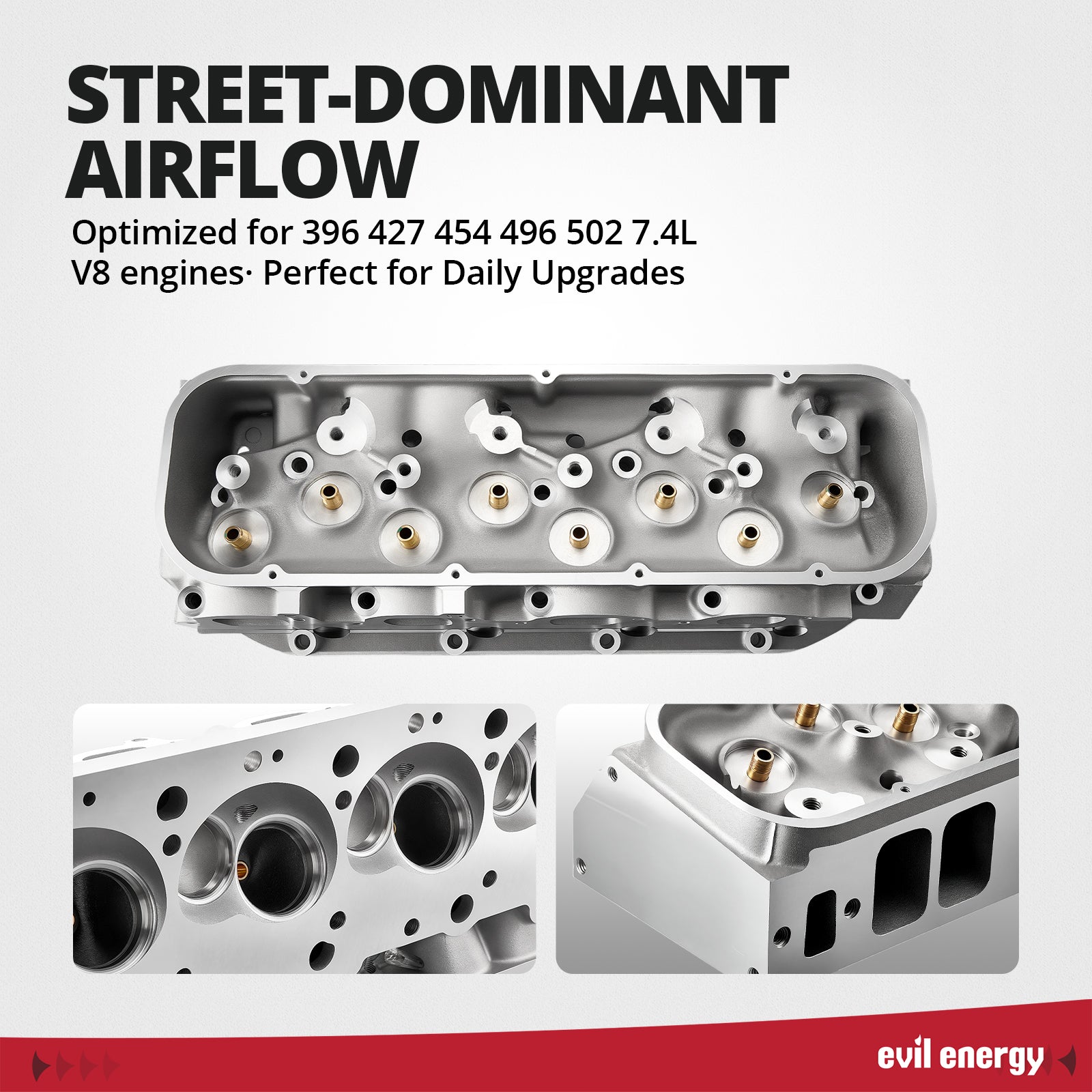 EVIL ENERGY BBC Cylinder Head - Street - Dominant Airflow, Optimized for 396 - 502 BBC V8 Engines