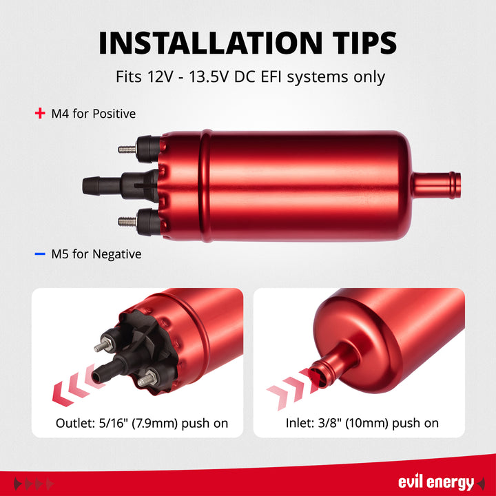 [Red] EVIL ENERGY 12V Electric Fuel Pump for EFI 225 LPH - Installation Tips & Polarity
