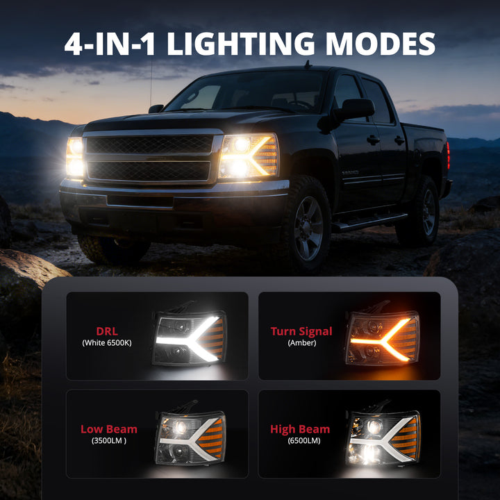 EVIL ENERGY Headlights assembly for Chevy Silverado 1500 2500 HD 3500 HD 2007-2013, Headlight Assembly Pair with LED DRL Turn Signal & Clear Lens, Anti-Glare & Wateproof Head Light Assembly Set, Black - EVILENERGY