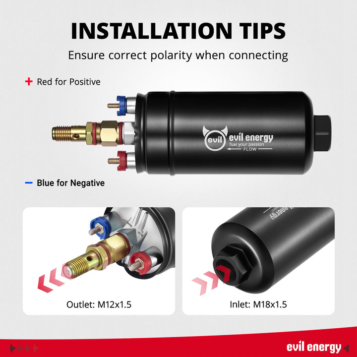 EVIL ENERGY 12V Electric Fuel Pump for EFI installation tips – red positive, blue negative, outlet M12×1.5, inlet M18×1.5.