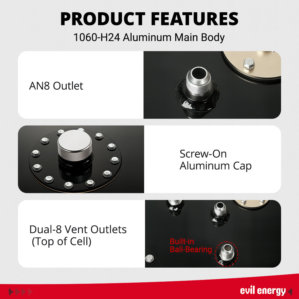 [1 Gal,Black] EVIL ENERGY Fuel Cell Product Features - 1060 - H24 Aluminum Body, Dual-8 Outlets, Quick Release Cap