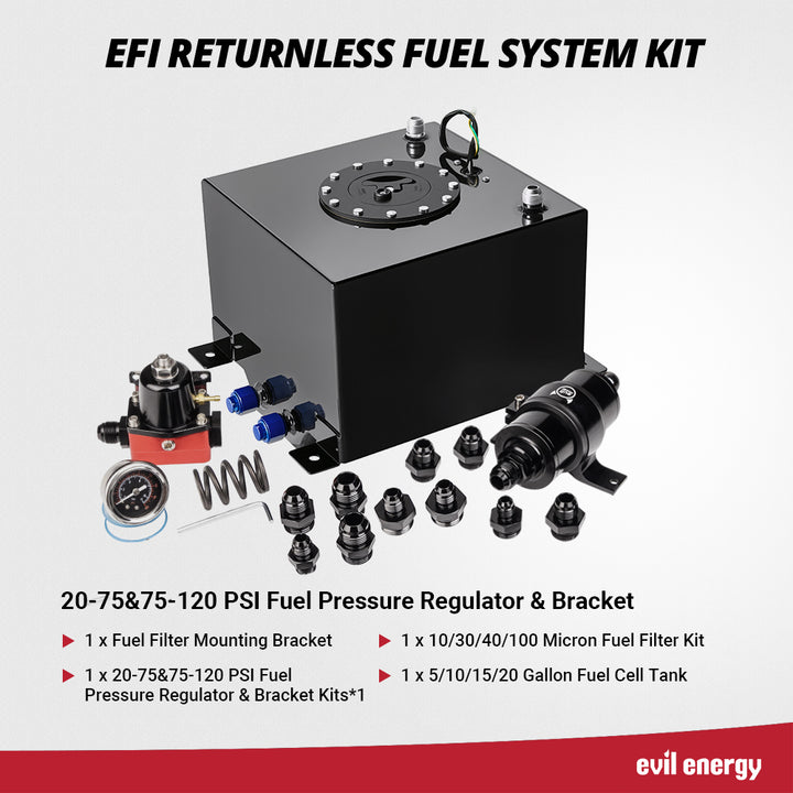 [20-75PSI&75-120PSI] EFI Returnless Fuel System Kit with 20-75 & 75-120 PSI fuel pressure regulator, fuel filter kit, and aluminum fuel cell tank.