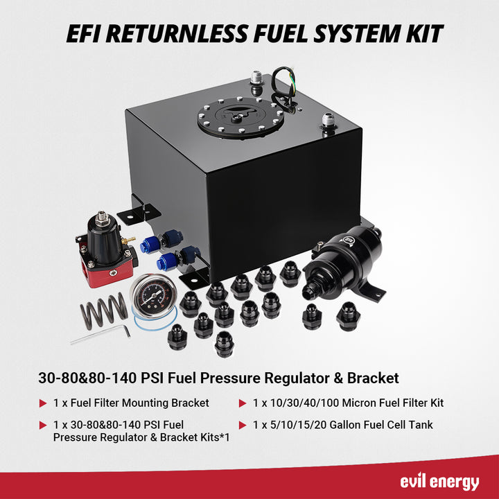 [30-80PSI&80-140PSI] EFI Returnless Fuel System Kit with 30-80 & 80-140 PSI adjustable fuel pressure regulator, complete with fuel filter kit and fuel cell.