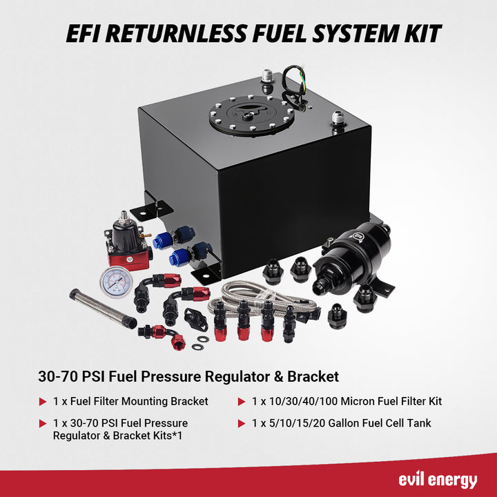 [30-70PSI] EFI Returnless Fuel System Kit featuring 30-70 PSI fuel pressure regulator, braided lines, fuel cell tank, and filter kit.